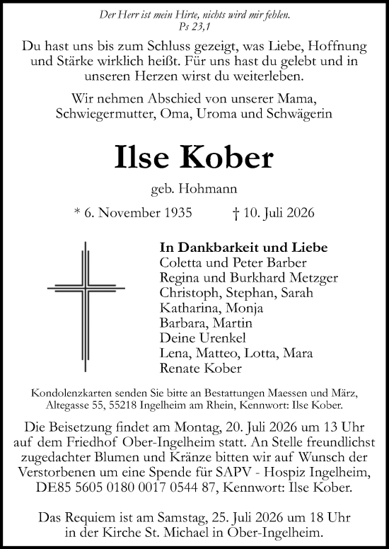 Traueranzeige von Ilse Kober von Allgemeine Zeitung Rheinhessen-Nahe