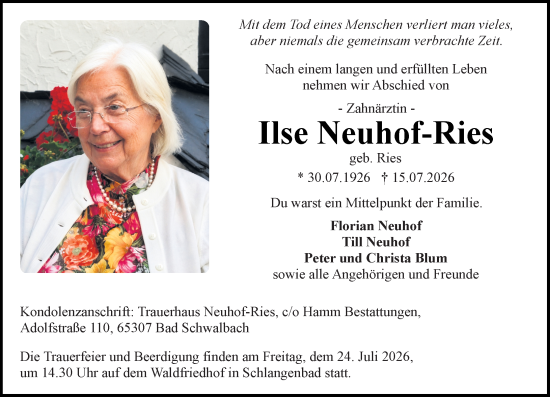 Traueranzeige von Ilse Neuhof-Ries von Wiesbadener Kurier