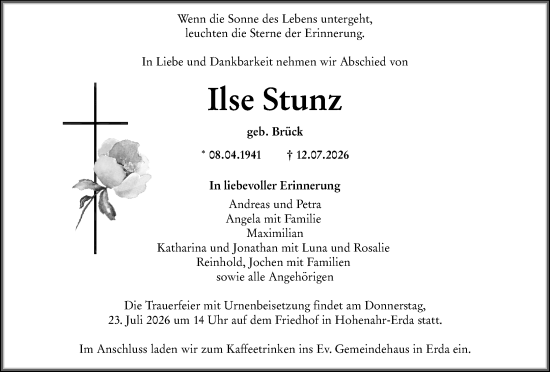 Traueranzeige von Ilse Stunz von Wetzlarer Neue Zeitung