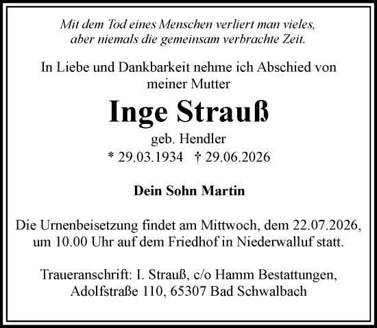 Traueranzeige von Inge Strauß von Wiesbadener Kurier