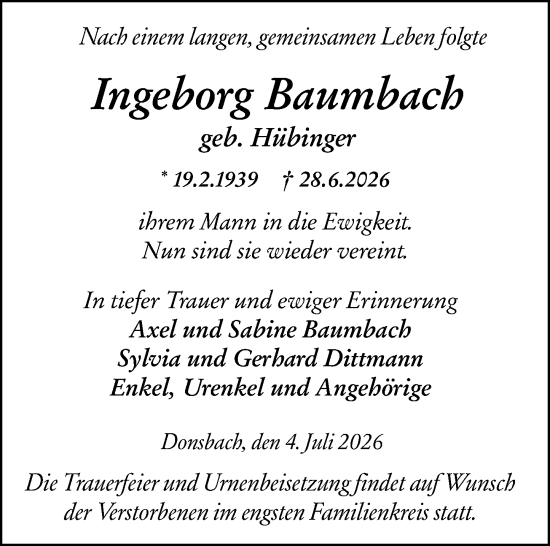 Traueranzeige von Ingeborg Baumbach von Dill Block