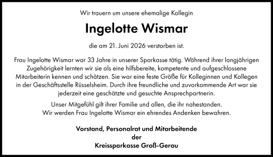 Traueranzeige von Ingelotte Wismar von Groß-Gerauer Echo