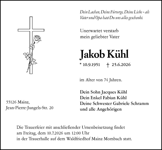 Traueranzeige von Jakob Kühl von Allgemeine Zeitung Mainz