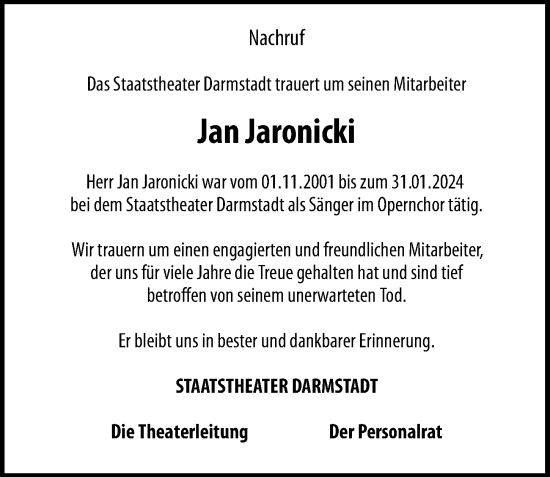 Traueranzeige von Jan Jaronicki von Darmstädter Echo