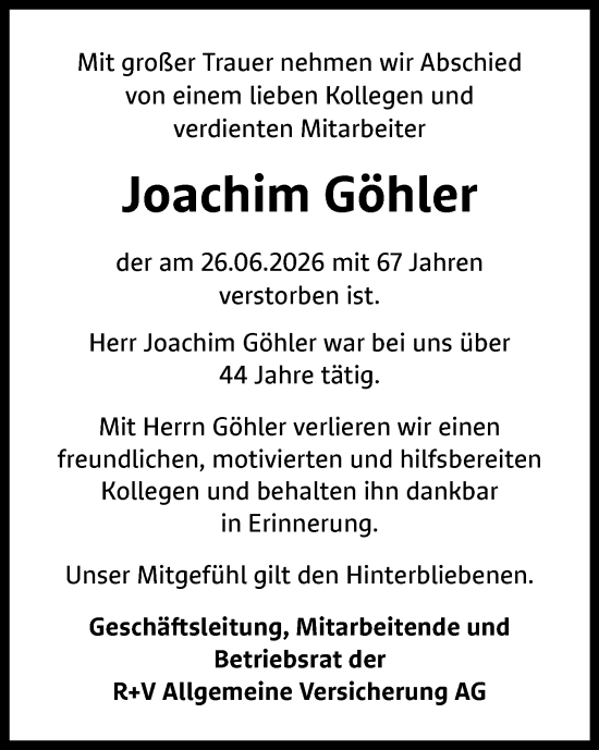 Traueranzeige von Joachim Göhler von Wiesbadener Kurier