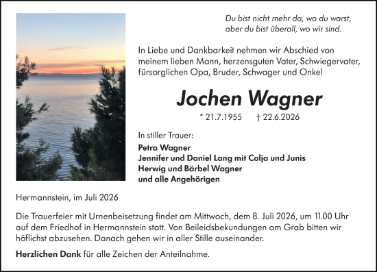 Traueranzeige von Jochen Wagner von Wetzlarer Neue Zeitung