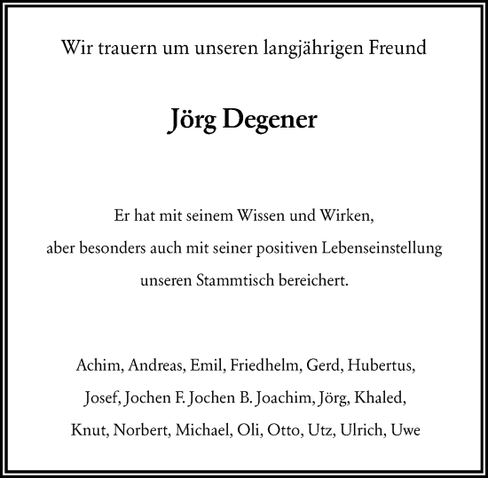 Traueranzeige von Jörg Degener von Wiesbadener Kurier