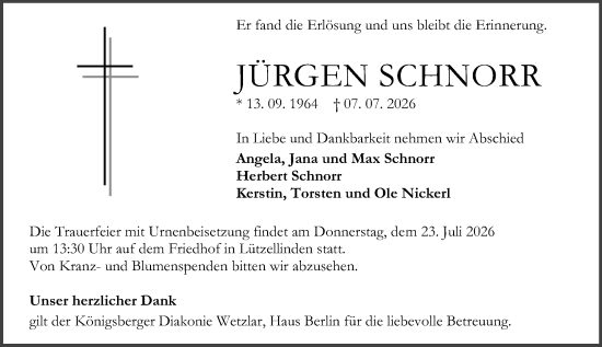 Traueranzeige von Jürgen Schnorr von Wetzlarer Neue Zeitung