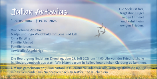 Traueranzeige von Julian Antonius Antonius von Wetzlarer Neue Zeitung