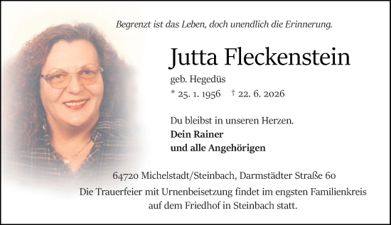 Traueranzeige von Jutta Fleckenstein von Odenwälder Echo