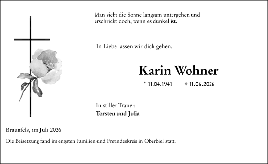 Traueranzeige von Karin Wohner von Wetzlarer Neue Zeitung