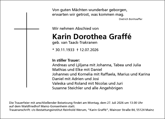 Traueranzeige von Karin Dorothea Graffé von Allgemeine Zeitung Mainz
