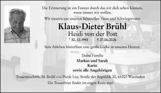 Traueranzeige von Klaus-Dieter Brühl von Wiesbadener Kurier