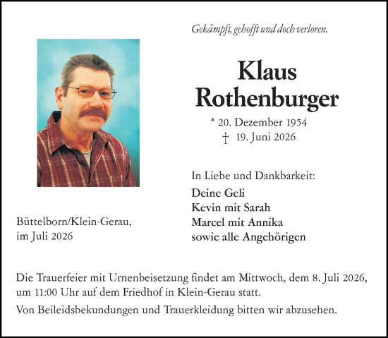 Traueranzeige von Klaus Rothenburger von Groß-Gerauer Echo