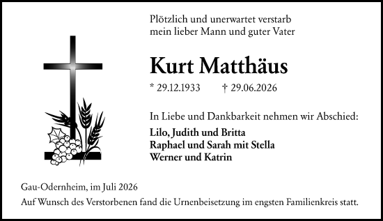 Traueranzeige von Kurt Matthäus von Allgemeine Zeitung Alzey