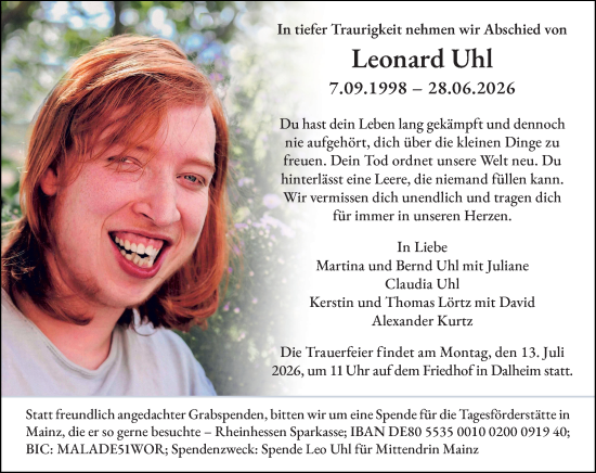 Traueranzeige von Leonard Uhl von Allgemeine Zeitung Mainz
