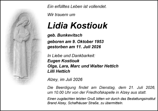 Traueranzeige von Lidia Kostiouk von Allgemeine Zeitung Alzey