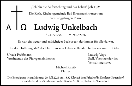 Traueranzeige von Ludwig Unkelbach von Allgemeine Zeitung Rheinhessen-Nahe