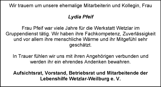 Traueranzeige von Lydia Pfeif von Weilburger Tageblatt