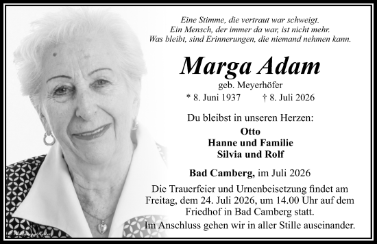 Traueranzeige von Marga Adam von Camberger Anzeiger