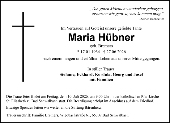 Traueranzeige von Maria Hübner von Idsteiner Land/Untertaunus