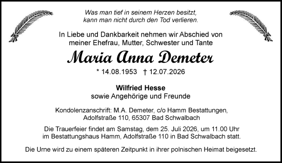 Traueranzeige von Maria Anna Demeter von Rheingau-Taunus-Kreis Wochenblatt