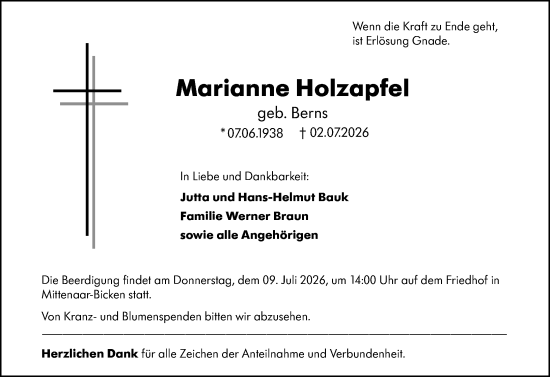 Traueranzeige von Marianne Holzapfel von Dill Block