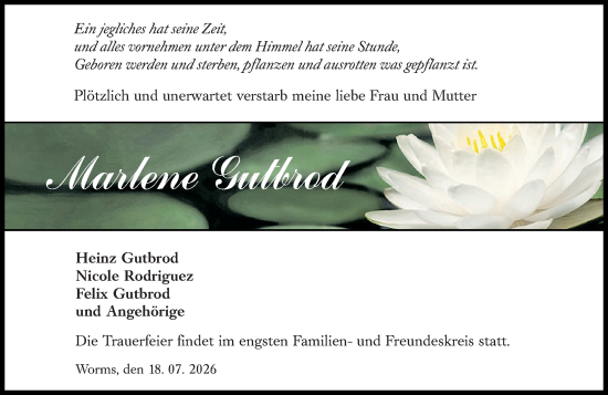 Traueranzeige von Marlene Gutbrod von Wormser Zeitung