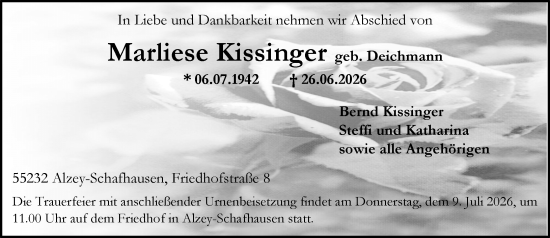 Traueranzeige von Marliese Kissinger von Allgemeine Zeitung Alzey