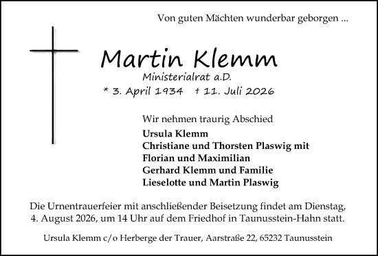 Traueranzeige von Martin Klemm von Wiesbadener Kurier