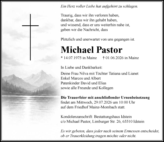 Traueranzeige von Michael Pastor von Allgemeine Zeitung Mainz