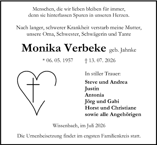 Traueranzeige von Monika Verbeke von Dill Block