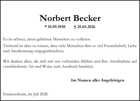 Traueranzeige von Norbert Becker von Allgemeine Zeitung Alzey