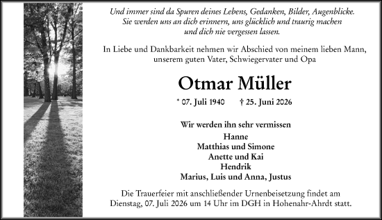 Traueranzeige von Otmar Müller von Wetzlarer Neue Zeitung