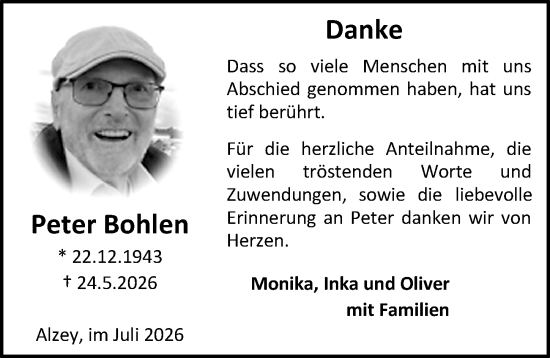 Traueranzeige von Peter Bohlen von Allgemeine Zeitung Alzey