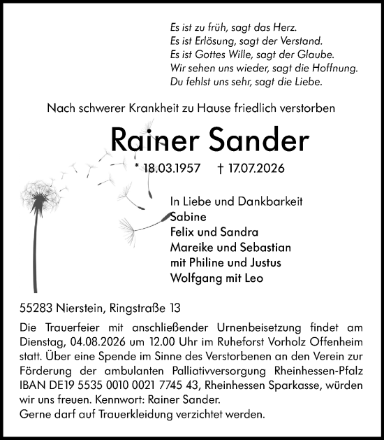 Traueranzeige von Rainer Sander von Allgemeine Zeitung Mainz