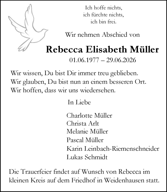 Traueranzeige von Rebecca Elisabeth Müller von Hinterländer Anzeiger
