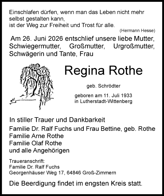 Traueranzeige von Regina Rothe von Dieburger Anzeiger/Groß-Zimmerner Lokal-Anzeiger