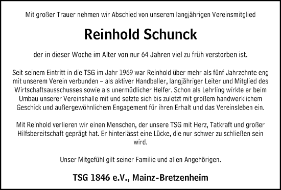 Traueranzeige von Reinhold Schunck von Allgemeine Zeitung Mainz