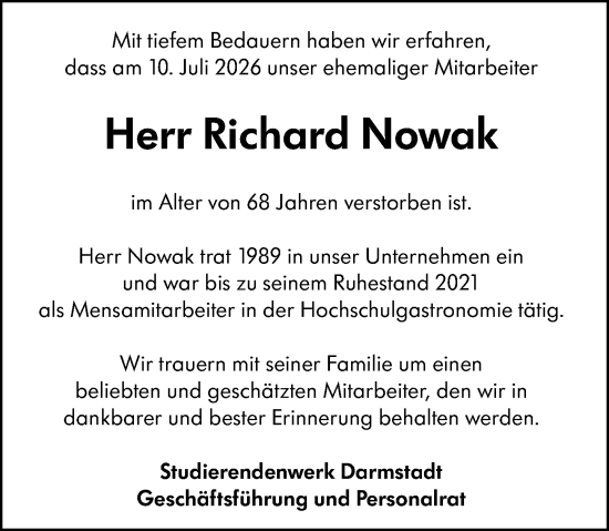 Traueranzeige von Richard Nowak von Darmstädter Echo