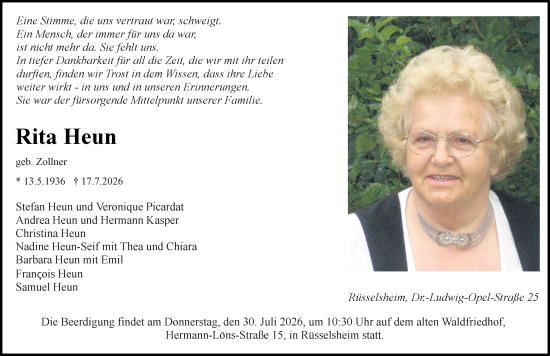 Traueranzeige von Rita Heun von Rüsselsheimer Echo