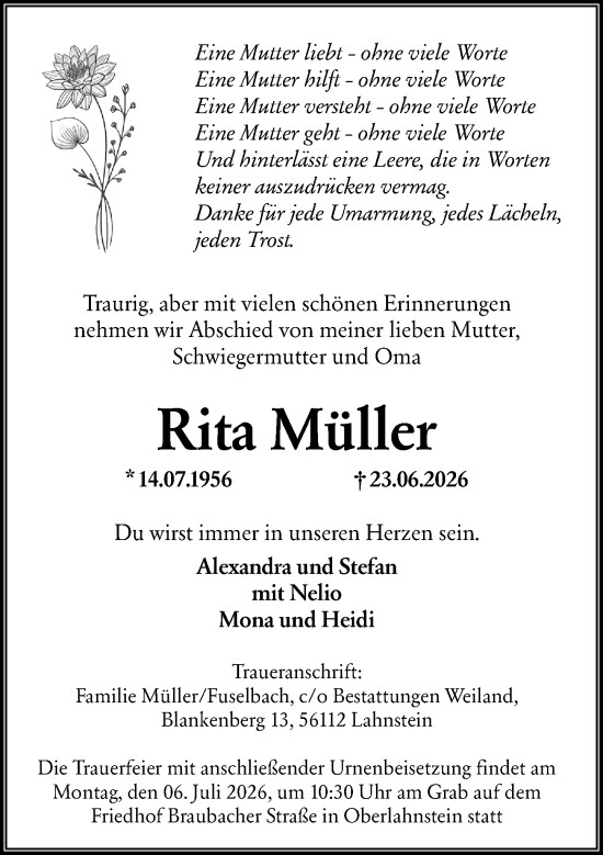 Traueranzeige von Rita Müller von Rheingau-Taunus-Kreis Wochenblatt