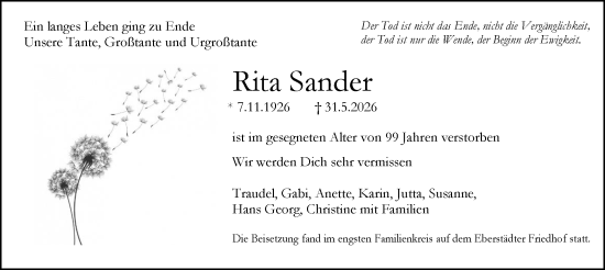Traueranzeige von Rita Sander von Darmstädter Echo