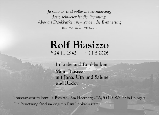 Traueranzeige von Rolf Biasizzo von Allgemeine Zeitung Rheinhessen-Nahe