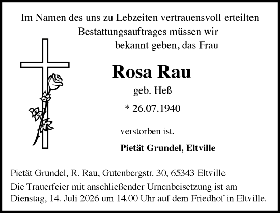 Traueranzeige von Rosa Rau von Rheingau Kurier