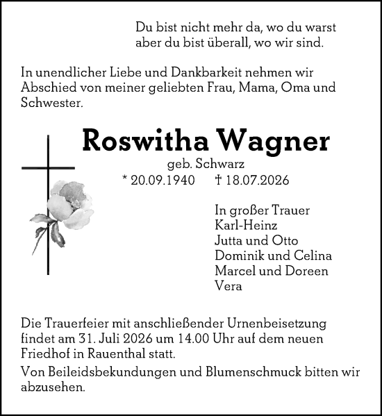 Traueranzeige von Roswitha Wagner von Wiesbadener Kurier