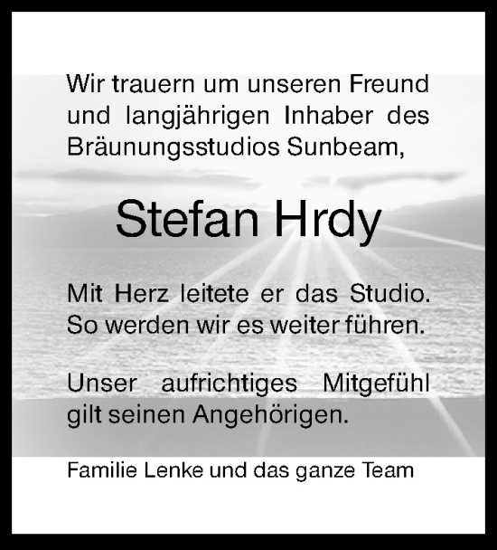 Traueranzeige von Stefan Hrdy von Hinterländer Anzeiger