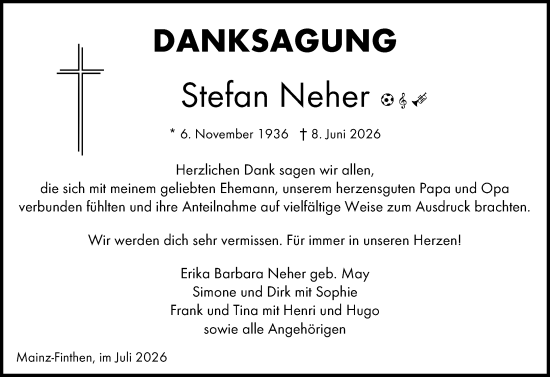 Traueranzeige von Stefan Neher von Allgemeine Zeitung Mainz