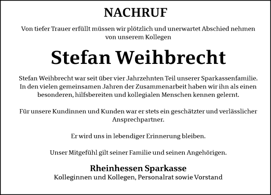 Traueranzeige von Stefan Weihbrecht von Wormser Zeitung
