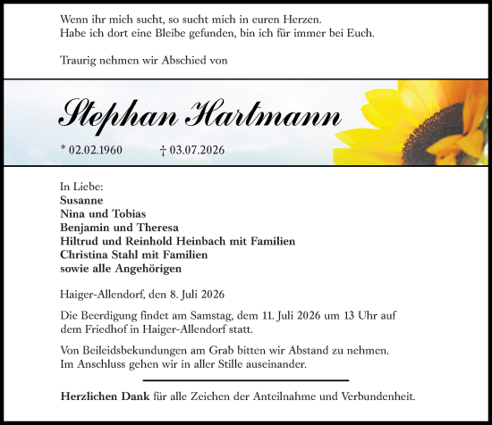 Traueranzeige von Stephan Hartmann von Dill Block